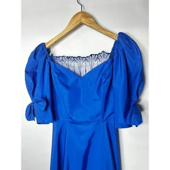 Vintage 1980's ILGWU Blue Evening Gown Prom Dress Sweeping Prairie Puff Sleeve - Picture 12 of 12
